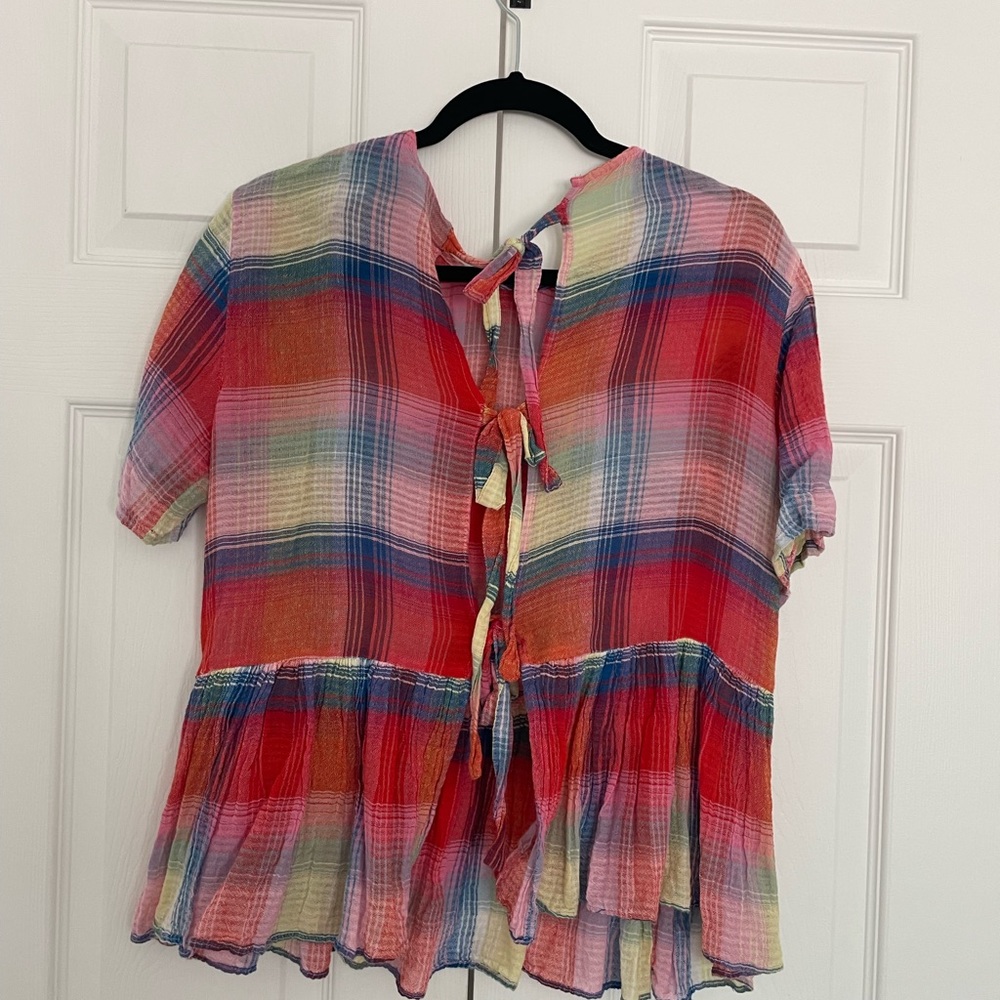 Zara red plaid tied back blouse